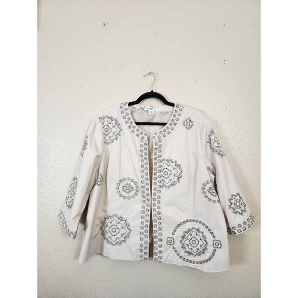 Saint Tropez West Embroidered Floral Jacket Open Front Coatigan Beige 2X